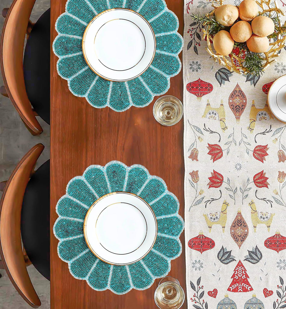 Beaded Placemats 13 Inch, Teal Silver Round Single Pack