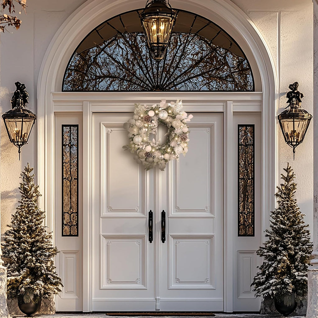 24'' Pre-Lit Christmas Wreath for Front Door with Light, Large Lighted Outdoor Christmas Wreath with Silvery White