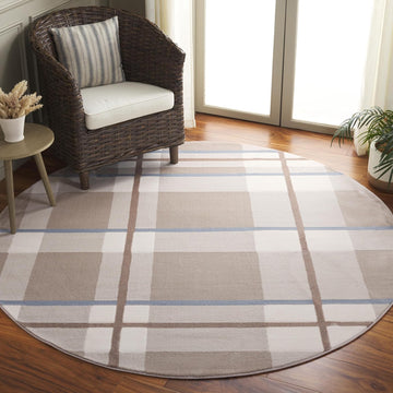 Groove Collection Area Rug - 7' Round, Beige & Light Blue, Plaid Design, Non-Shedding & Easy Care, Ideal for The