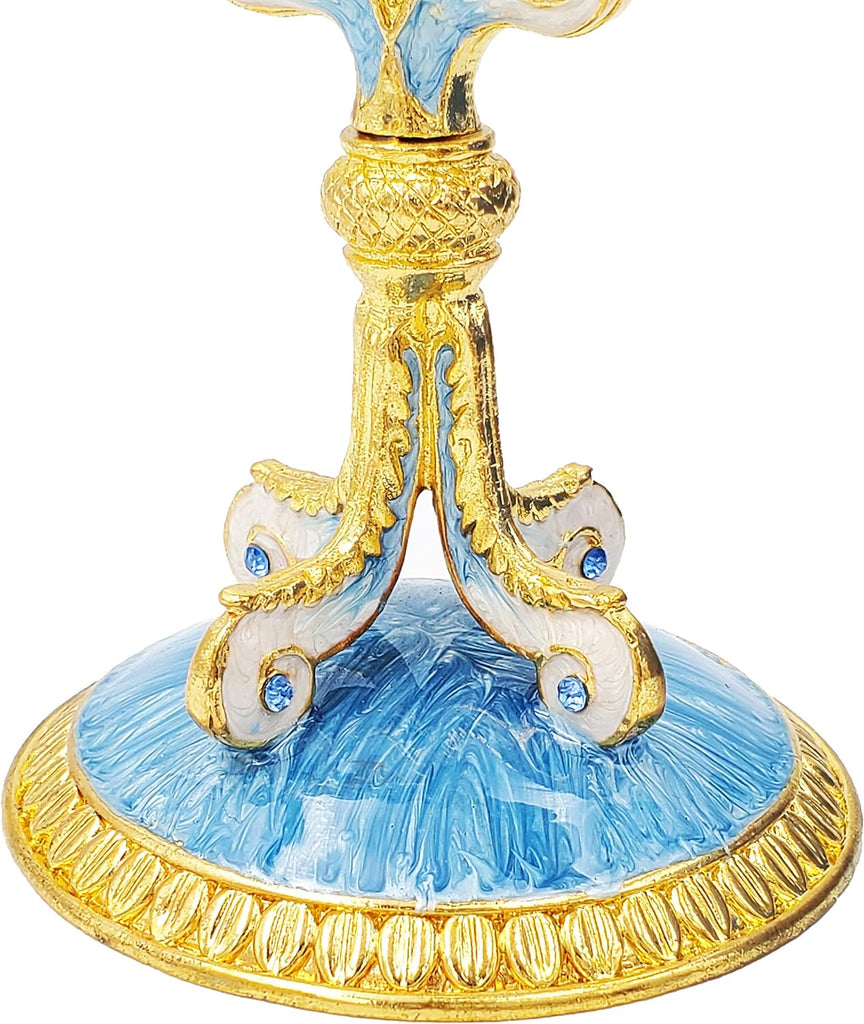 Hand-Painted Enamel Metal with Blue, White, Gold and Green Jeweled Accents, 6" Inches