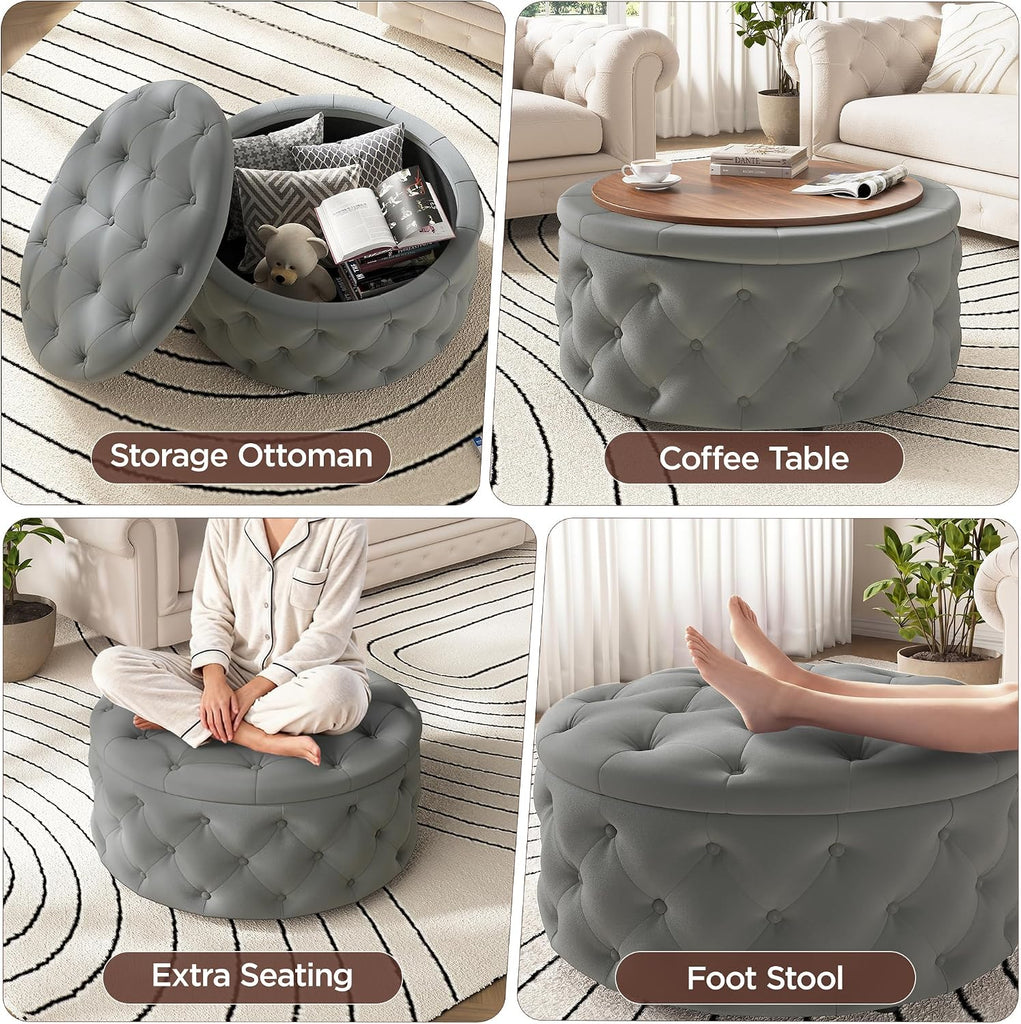 30 Inch Round Ottoman with Storage Tray,Large Coffee Table | Circle Modern Button Footstool with Removable Lid,Cozy
