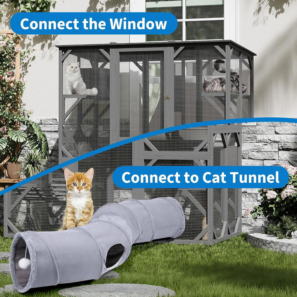 70'' Large Walk-in Catio, Outdoor Wood Cat Enclosure Window Access for Multiple Cats with Asphalt Roof, Feral Cat