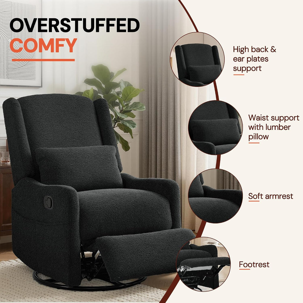 Glider Recliner Rocking Chair, 360° Swivel Boucle Nursery Chair, Comfy Upholstered Recliner ,Black