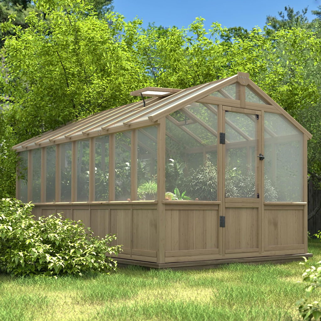 8x16FT Wood Greenhouse, Greenhouses with Cedar Frame, 6MM Thick Polycarbonate Panel, Wooden Green House with