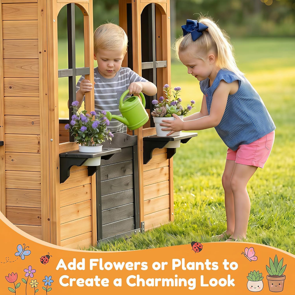 Kids Outdoor Playhouse Wood Play House for Kids Ages 3-8 withPet Door | Backyard Cottage Playhouse with Play