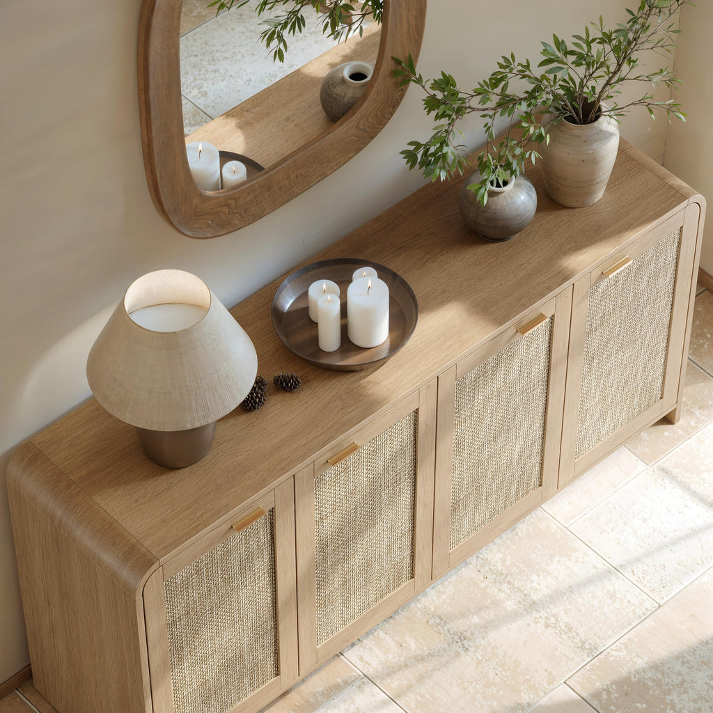 67" Rattan Sideboard Buffet Cabinet with Storage, Natural Oak