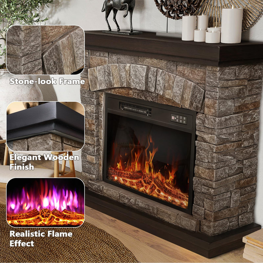 Electric Fireplace with Mantel, Realistic Stone Finish Freestanding Heater TV Stand, 3D Log Flame Effect with Remote