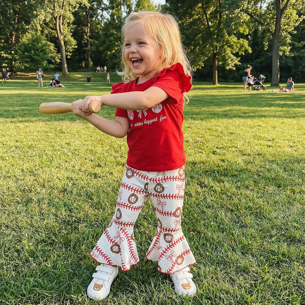 Toddler Baby Girl Baseball Outfits Short Flutter Sleeves T-Shirt Pullover Tops Stripes Bows Flared Pants 2Pcs Clothes
