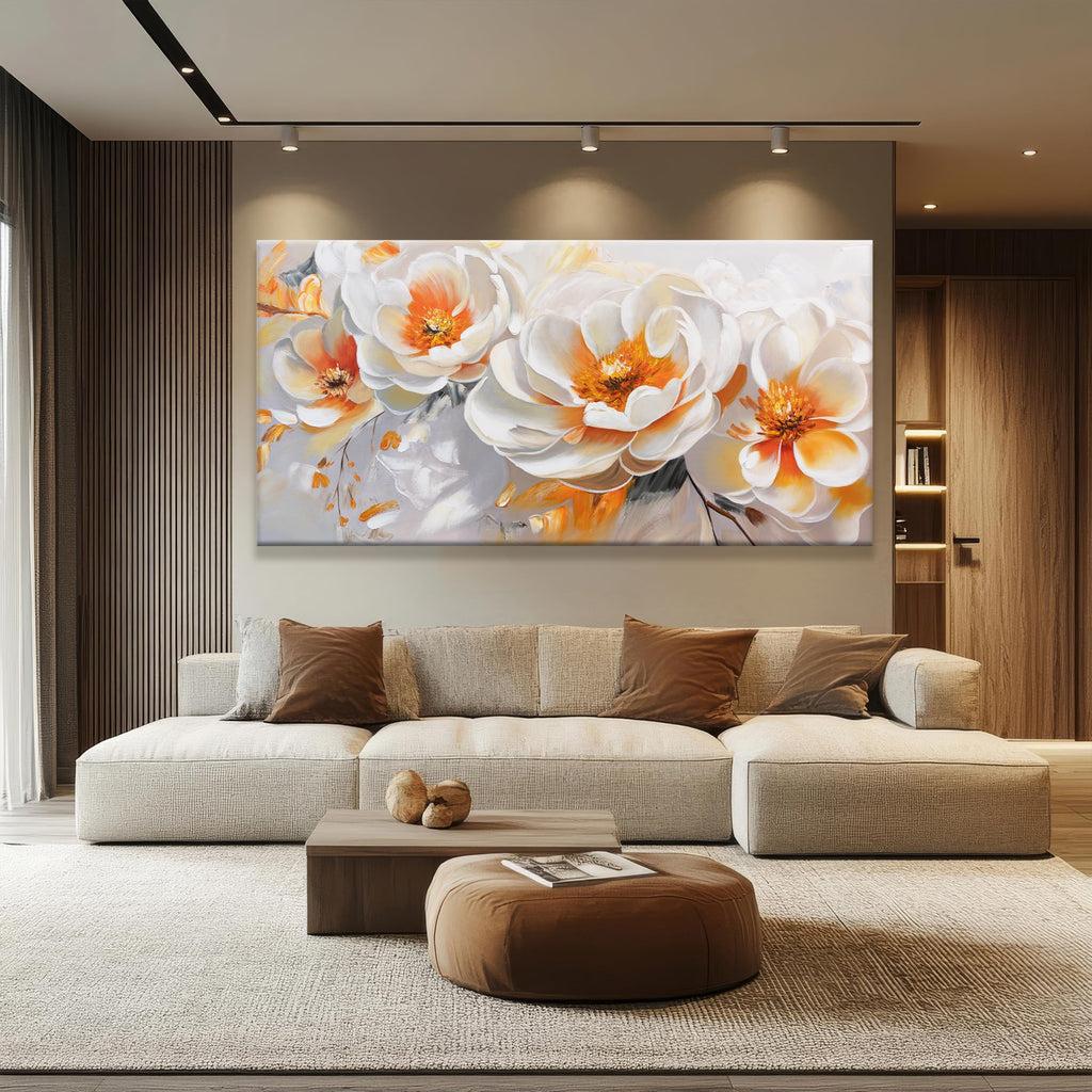 Large Wall Art Prints Modern Canvas Art Wall Decor 35" X 70" Painting Orange White Flower Wall Art Home Office Dining