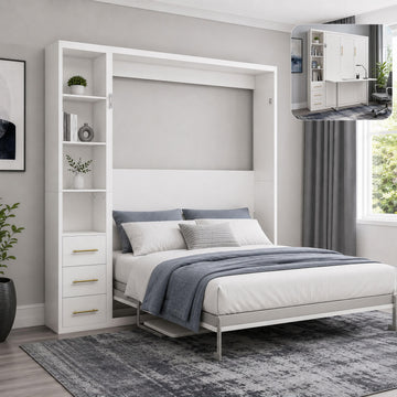 Queen Murphy Bed with Desk, White Wall Bed with Side Storage Cabinet