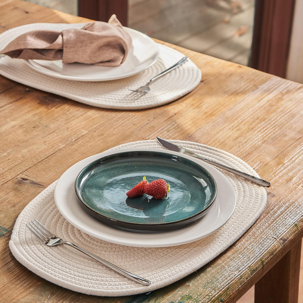 Oval Cotton Rope Placemats Set of 6 with Holder, Warm Ivory | 16 x 12 inch, machine washable, thick woven