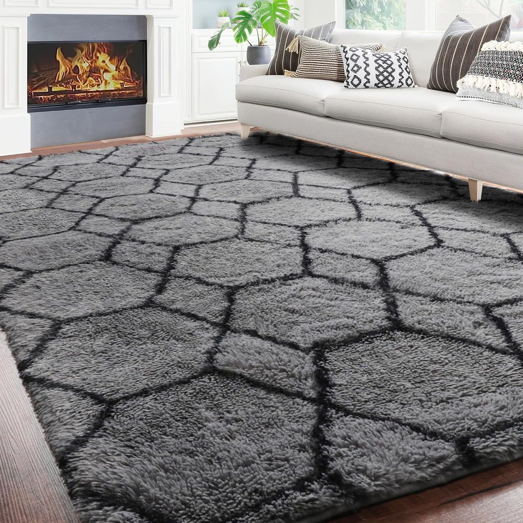 6x9 Area Rugs for Living Room Bedroom, Large Fluffy Grey and Black Throw Rug, Geometric Soft Plush Shaggy Fuzzy Floor