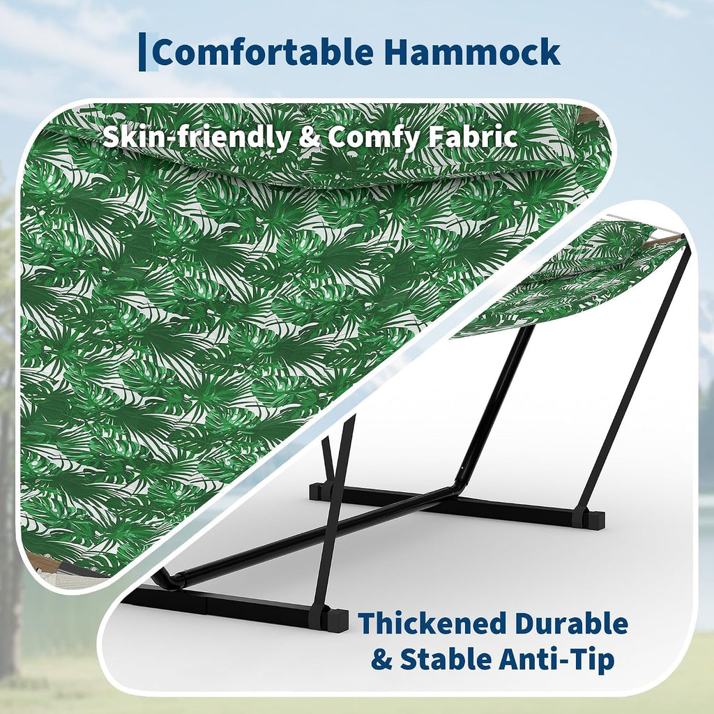 2 Person Outdoor Hammock with Stand, Green Banana Leaf Color | 450 LBS Heavy Duty Anti-Tipping Frame with Balance