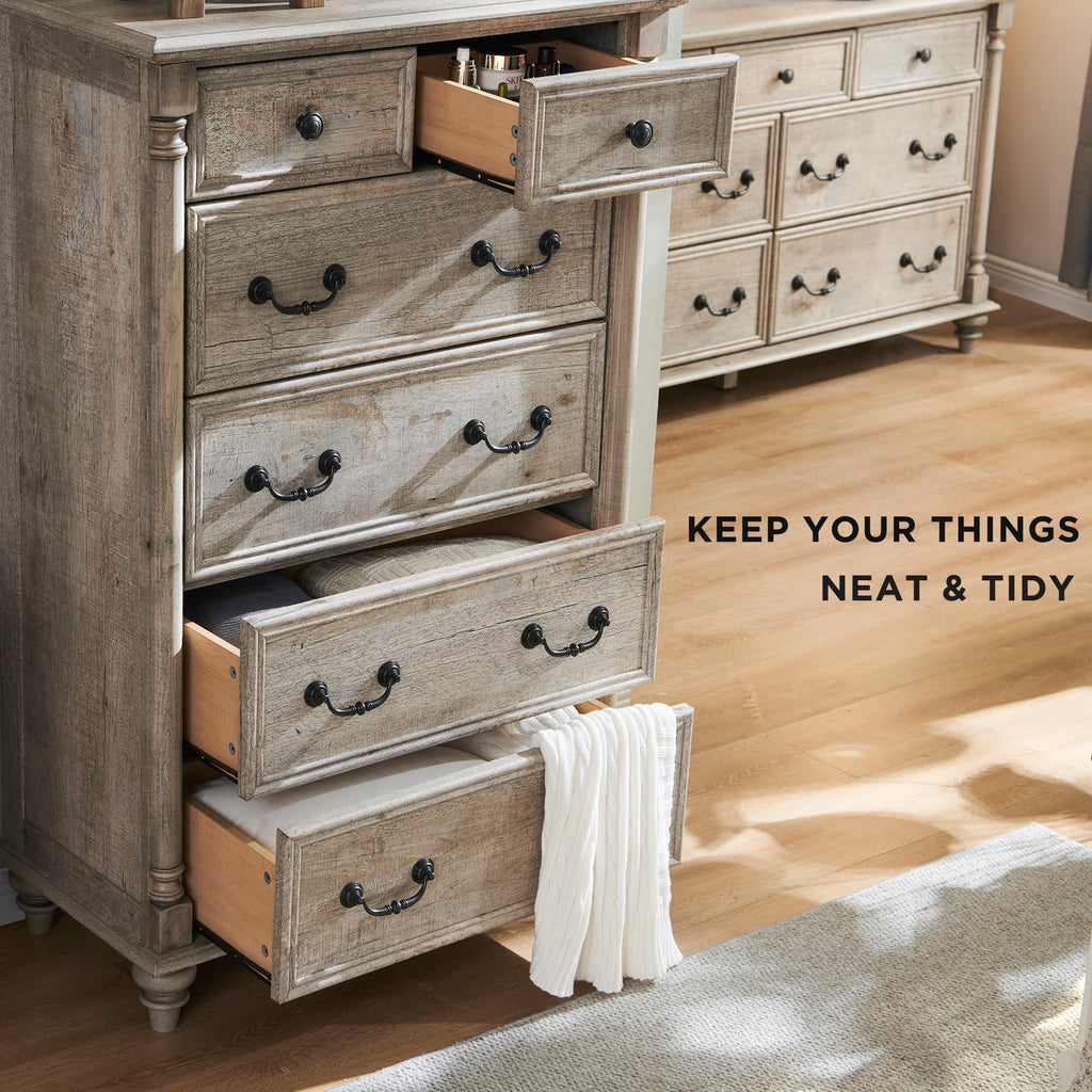 Farmhouse 6-Drawer Dresser with Solid Wood Feet, Light Rustic Oak