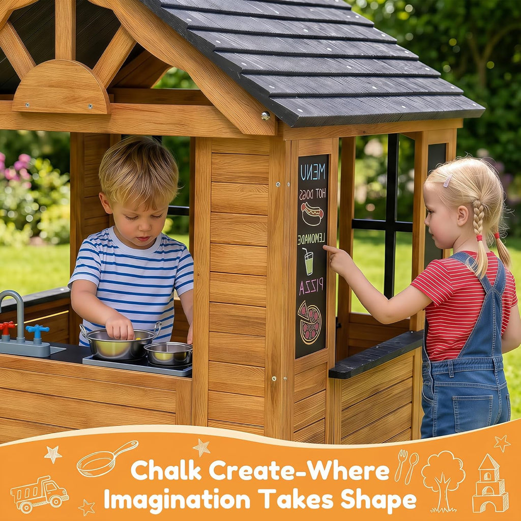 Kids Outdoor Playhouse Wood Play House for Kids Ages 3-8 withPet Door | Backyard Cottage Playhouse with Play