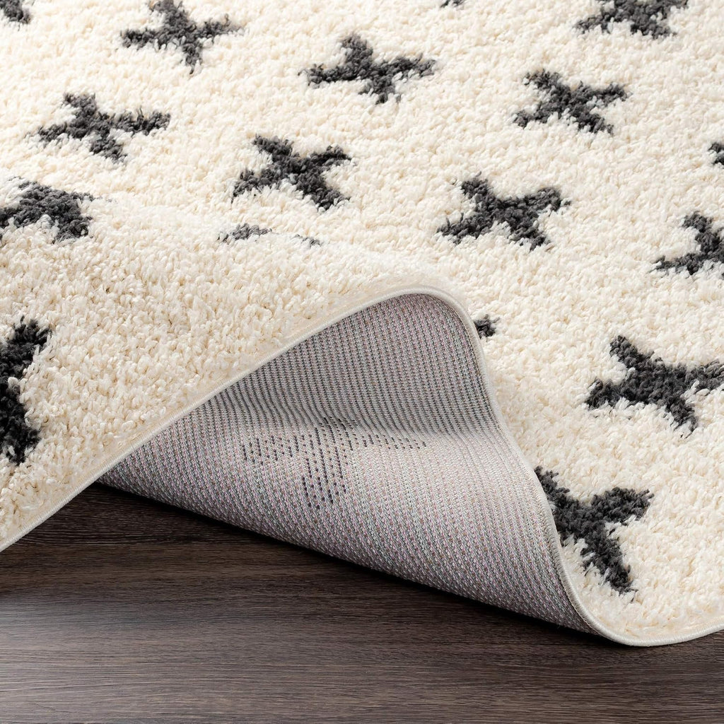 Area Rugs - Soft Mora Moroccan Boho Black Cream Shag Rug Bedroom - Large Geometric Plush Pile Stain Resistant
