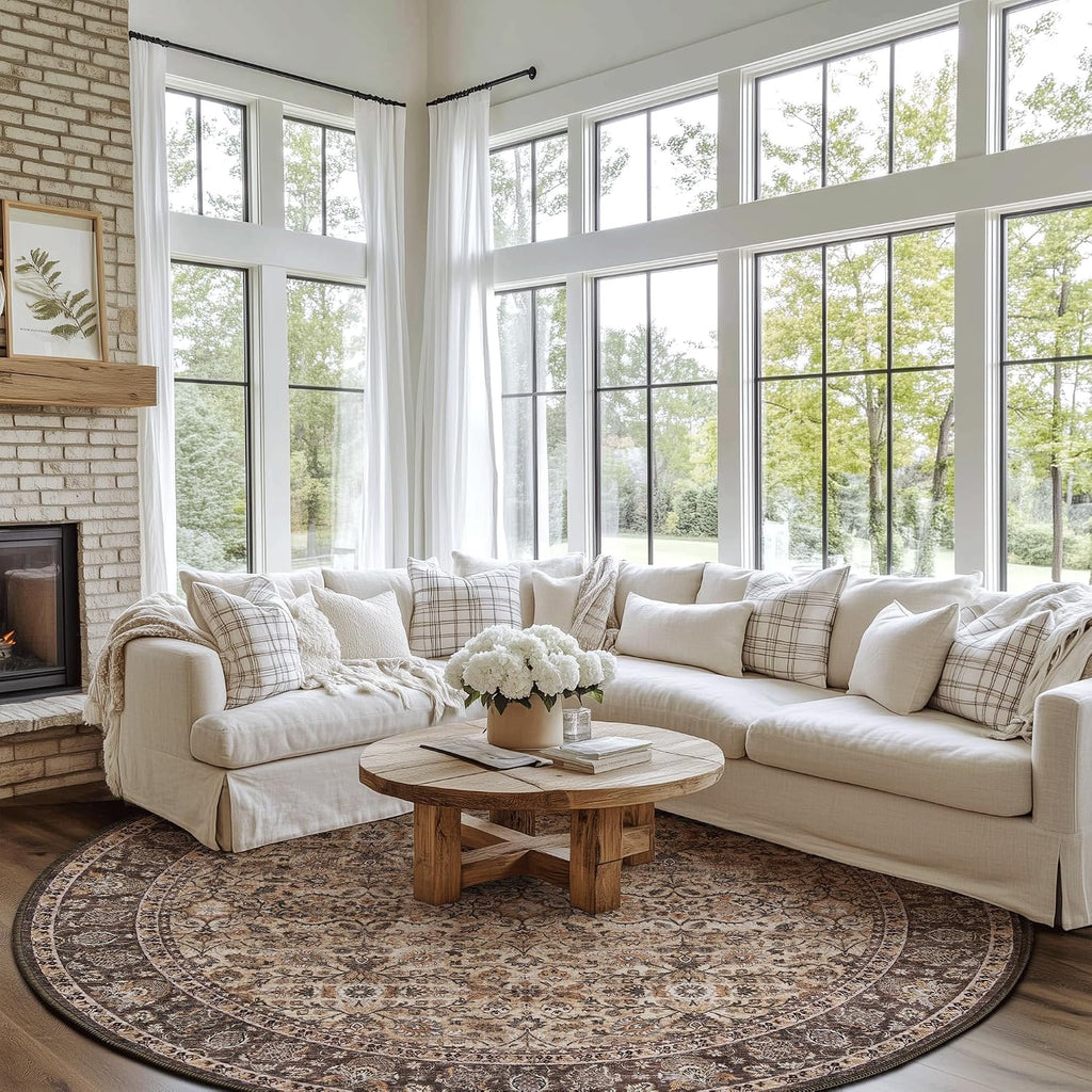 Washable Large Round Area Rug 6ft, Washable Vintage Accent Distressed Faux Wool Ultra Soft Rug, Non Slip Stain