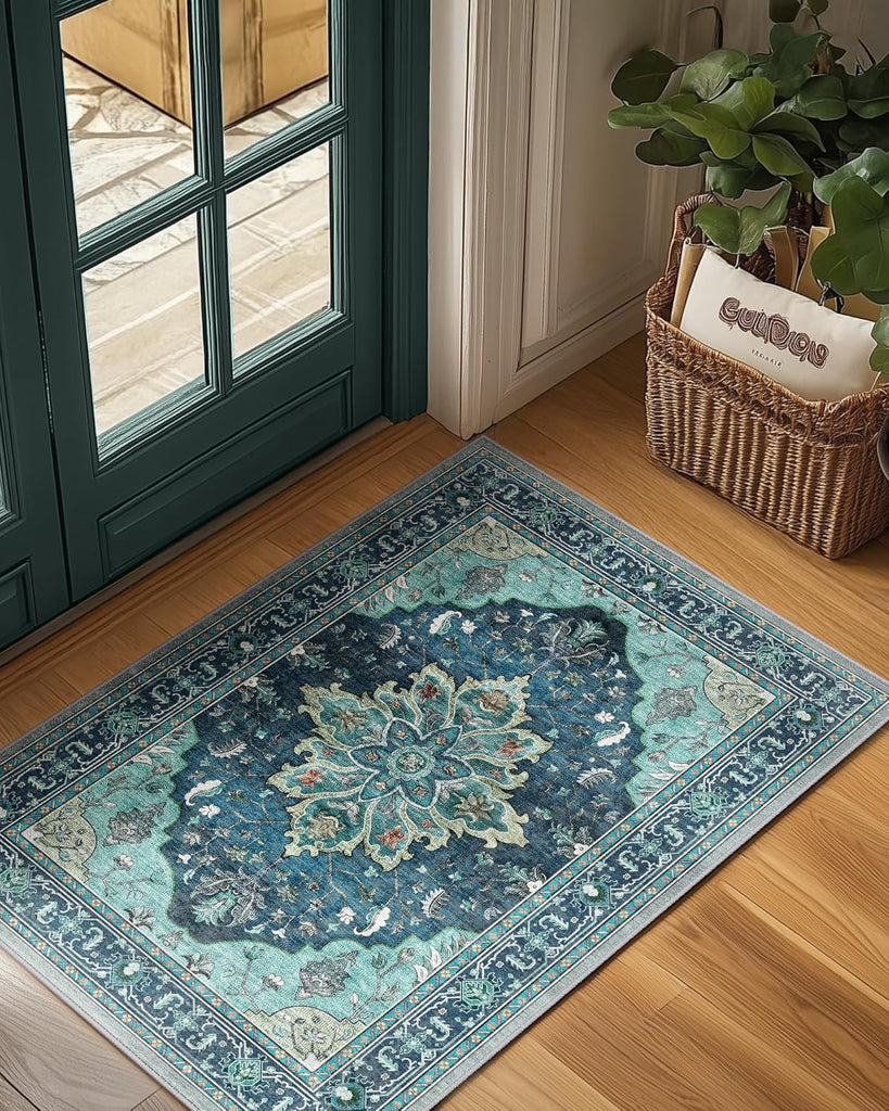 Area Rugs Washable Non-Slip, Floral Vintage Distress Print Pattern Medallion Carpet for Living Room Bedroom