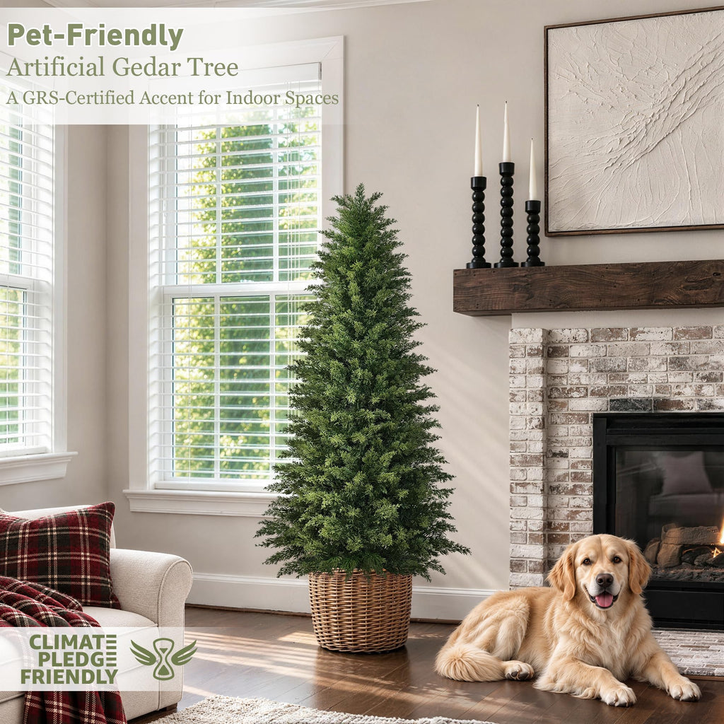 5ft Artificial Cedar Topiary Tree, Set of 1 Realistic Faux Evergreen Shrub Plant in Planter, Indoor Outdoor Fake