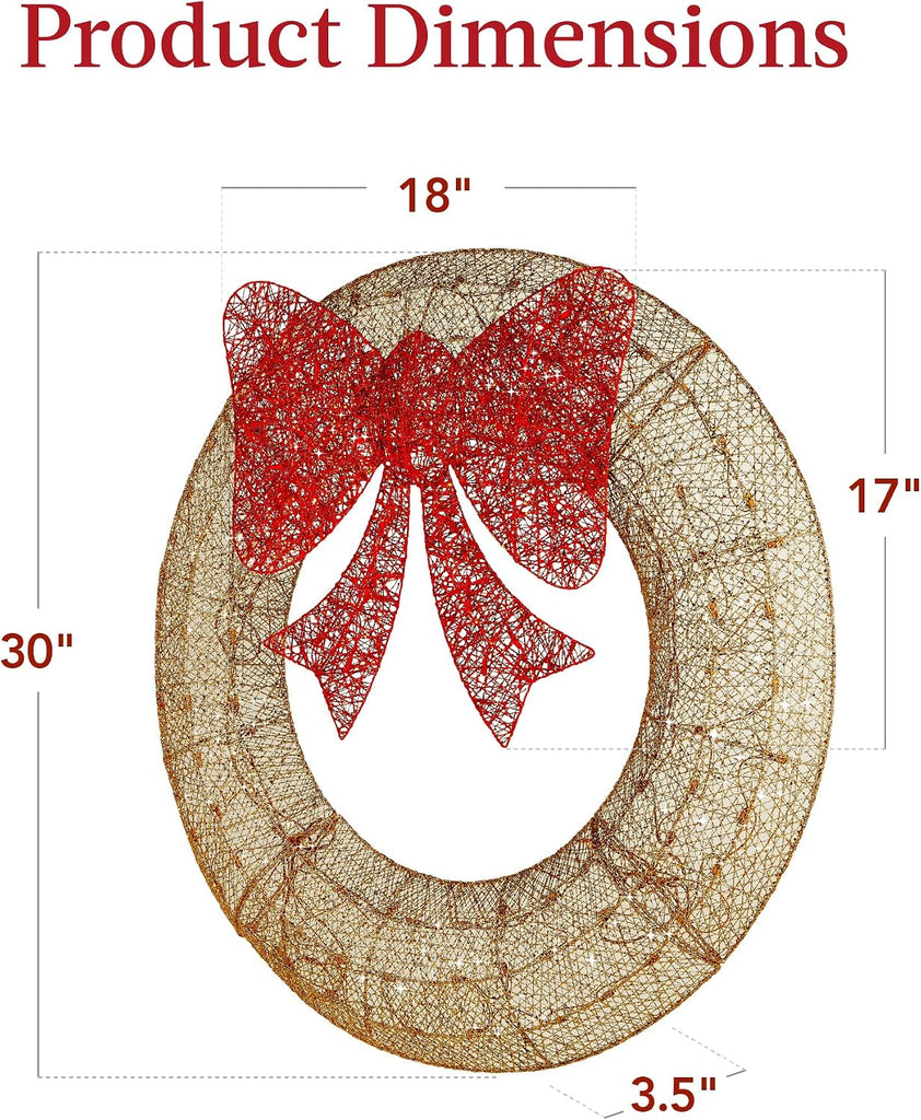 30in Pre-Lit Outdoor Christmas Wreath Decoration, LED Metal Holiday Decor w/ 100 Lights, Bow - Gold/Red