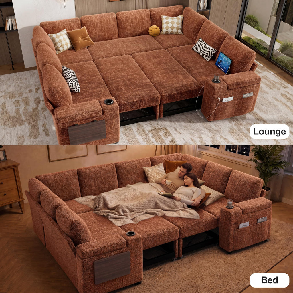 111" Modular Sectional Sleeper Sofa with Pull Out Bed, 8 Seat Chenille U Shaped Couch with USB Ports|Cup Holders|Side