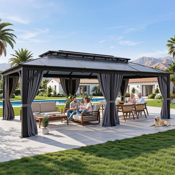 12x20FT Gazebo Polycarbonate Hardtop Double Roof Canopy Outdoor with Netting and Shaded Curtains
