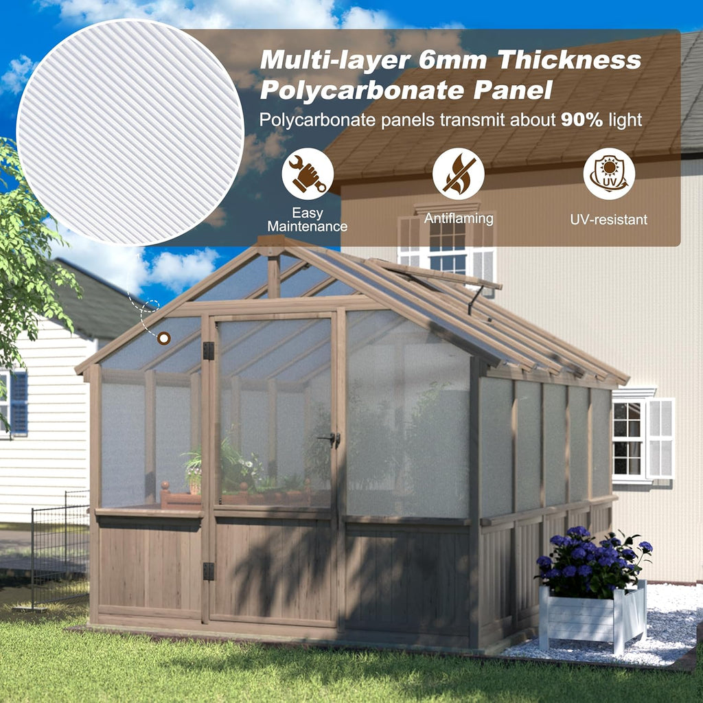 8x10FT Greenhouses for Outdoors, Walk-in Wooden Greenhouse with Cedar Frame & Adjustable Vent, Garden Green House