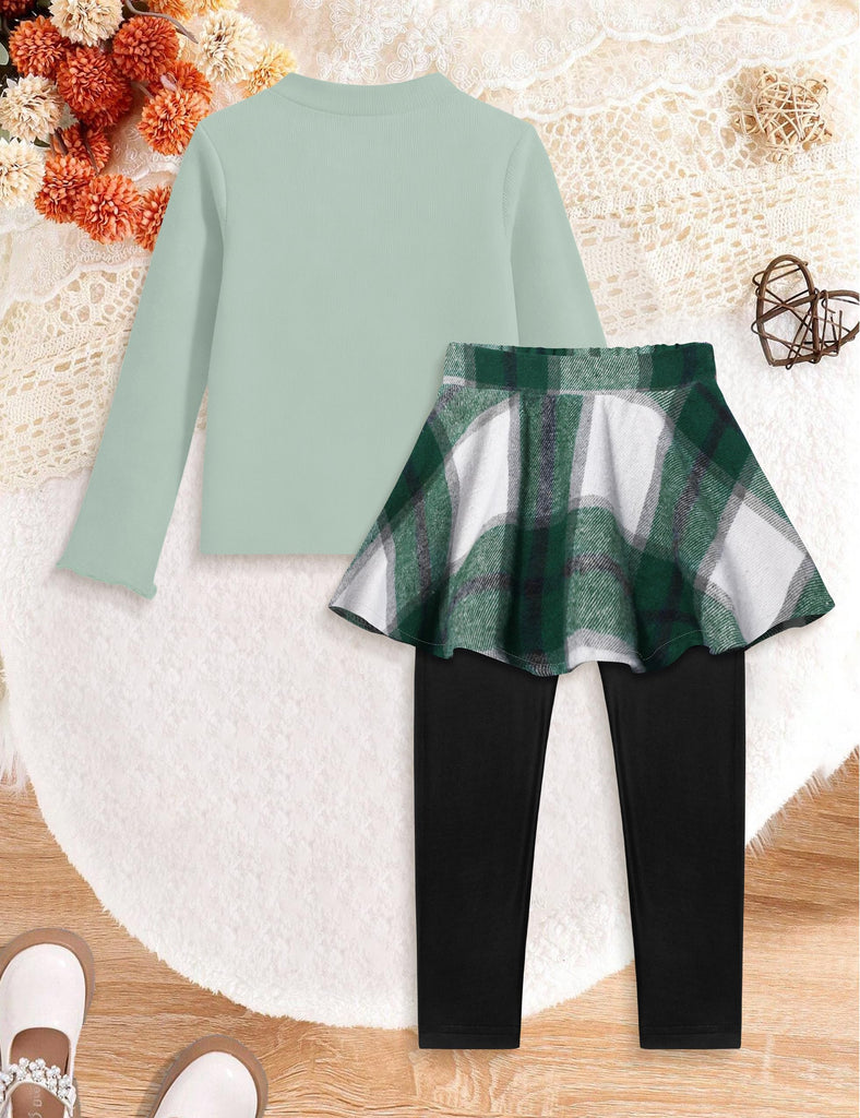 Toddler Girls Clothes Girls Clothes Long Sleeve Crew Neck Knit Shirts and Green White Plaid Skirt Leggings