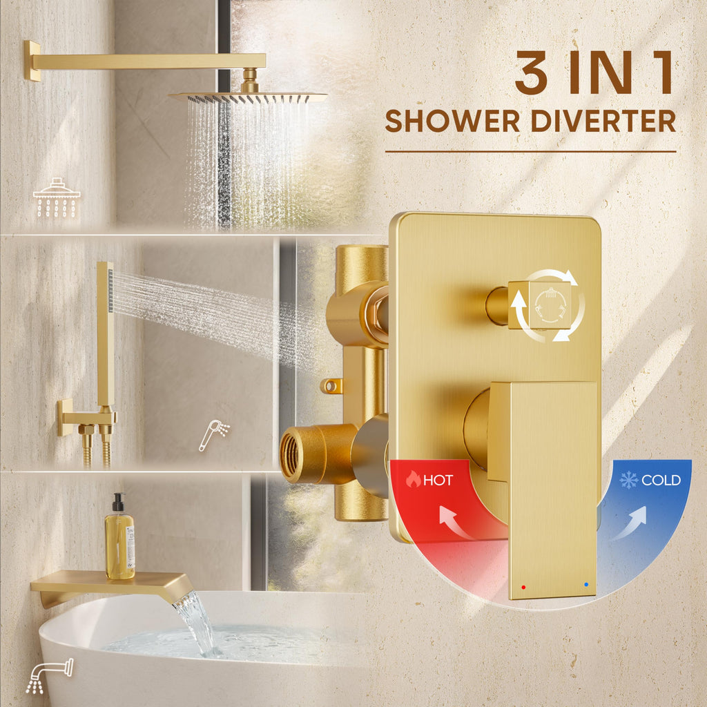 Brushed Gold Shower System with Tub Spout and 10" Rain Shower Head