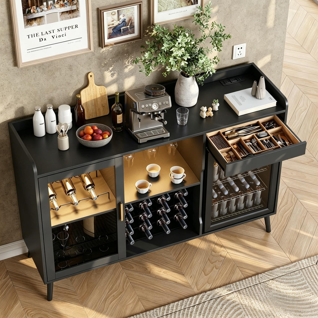 Coffee Bar Cabinet with Fridge Space, Black Wine Cabinets with Power Outlet