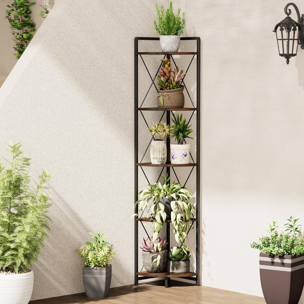 5 Tier Corner Shelf Stand, 64" H Tall Corner Bookshelf, Rustic Brown
