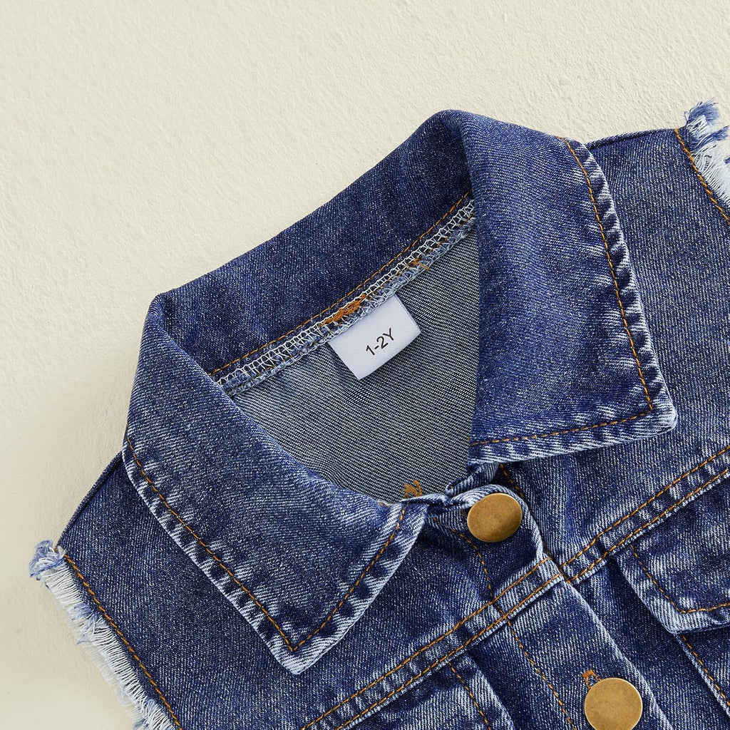 Toddler Baby Girl Denim Outfit for Kid 2Pcs Summer Fall Clothes Lapel Neck Button Up Vest Tops and Pleated Skirts Set