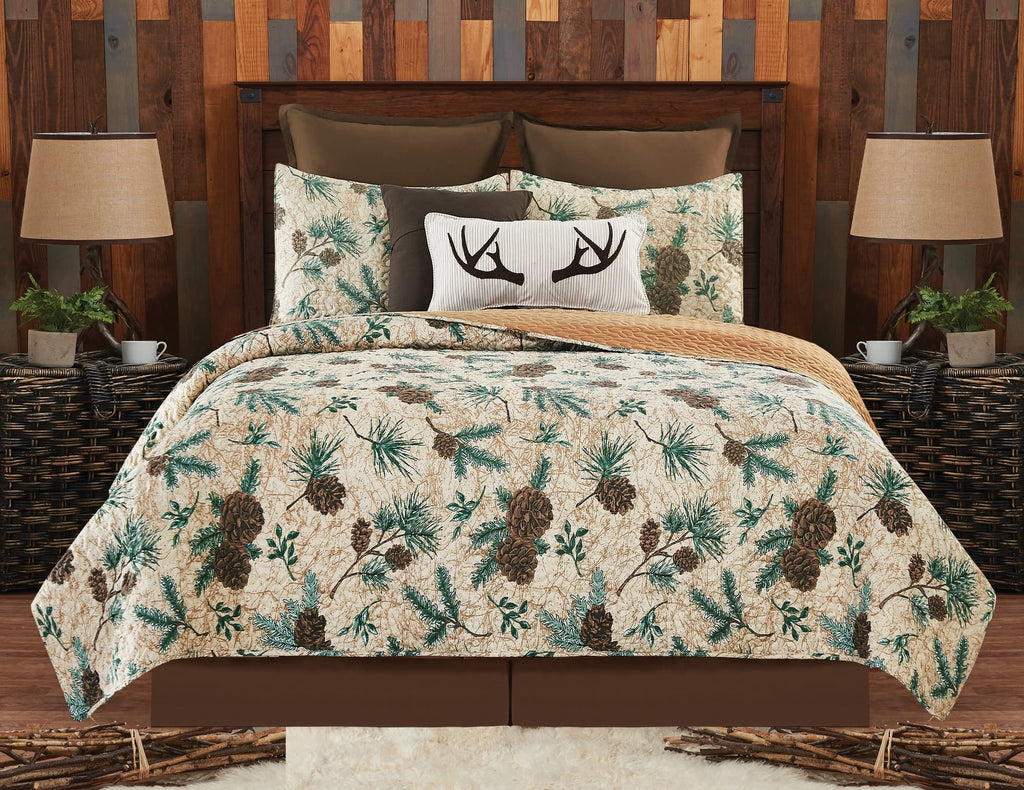 Rustic Pinecones & Needles Quilt Set Lodge Cabin Bedding w/ Sham
