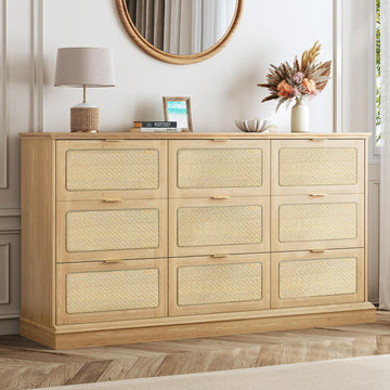 9 Drawer Dresser, 60 Inch Long Dressers & Rattan Chest of Drawers, Large TV Stand for 55, 65, 70 Inch TV, Boho