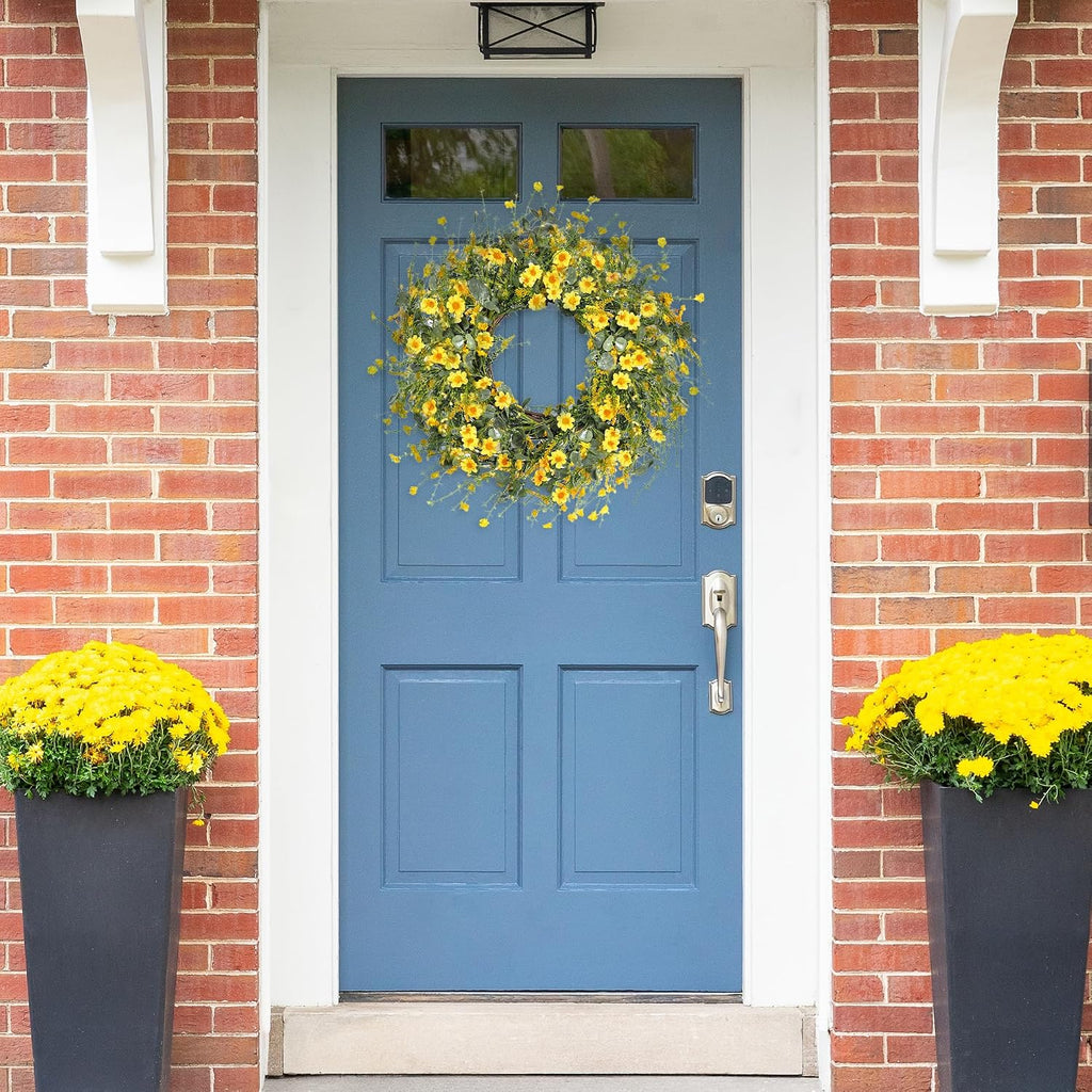 Yellow Daisy Wreath 24 Inch Spring Summer Wreath Fake Silk Floral Wreath with Green Eucalyptus Leaves and Lavender