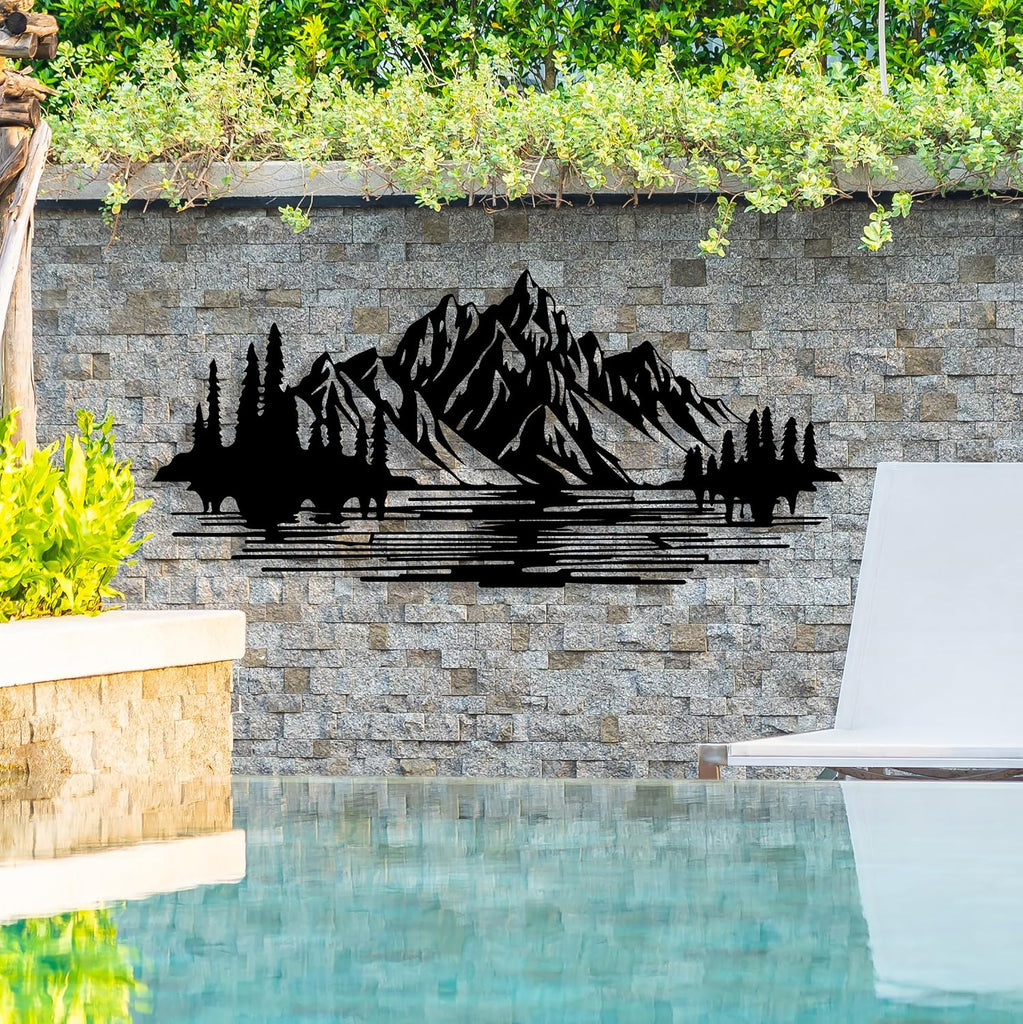 Mountain Forest Metal Wall Decor, Nature and Trees Wall Art, Metal Outdoor Wildlife Lover Gift, Farmhouse Yard Wall