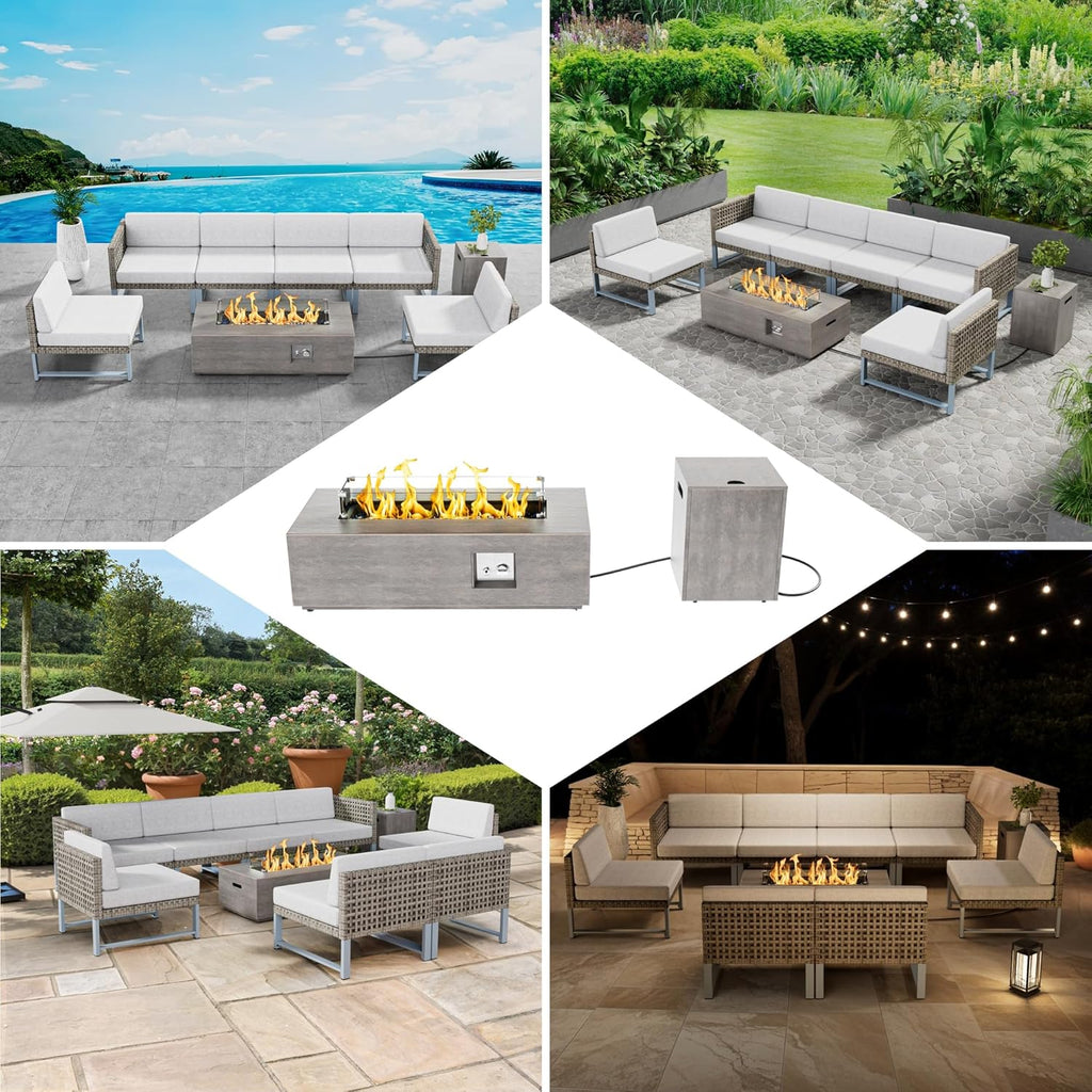 42" Rectangular Propane Fire Pit - 50,000 BTU Fire Table with Wind Guard Glass, Lid, Rocks and Cover