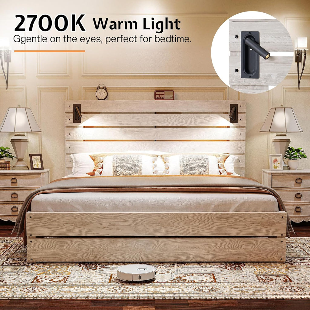 Queen Farmhouse Bed Frame with 51" Barn Door Headboard, LED Reading Lights, Platform Bed Frame with Wood Slats, Under