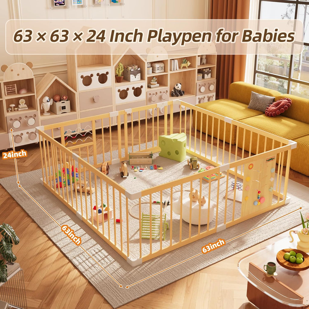 Wooden Baby Playpen with Locking Gate, Extra Large Playpen for Babies and Toddlers, Size Adjustable Activity Center