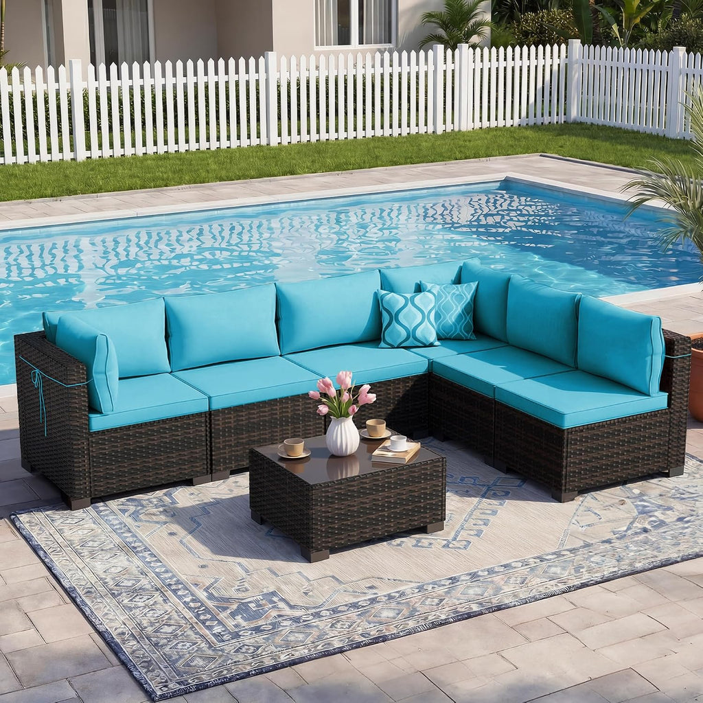 7-Piece Outdoor Patio Furniture Sets, Manual Weaving Rattan Conversation Sectional Sofa with Tempered Glass Coffee