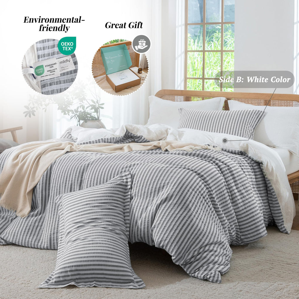Jacquard Striped Duvet Cover Set 3pcs Dual Zipper Dark Grey