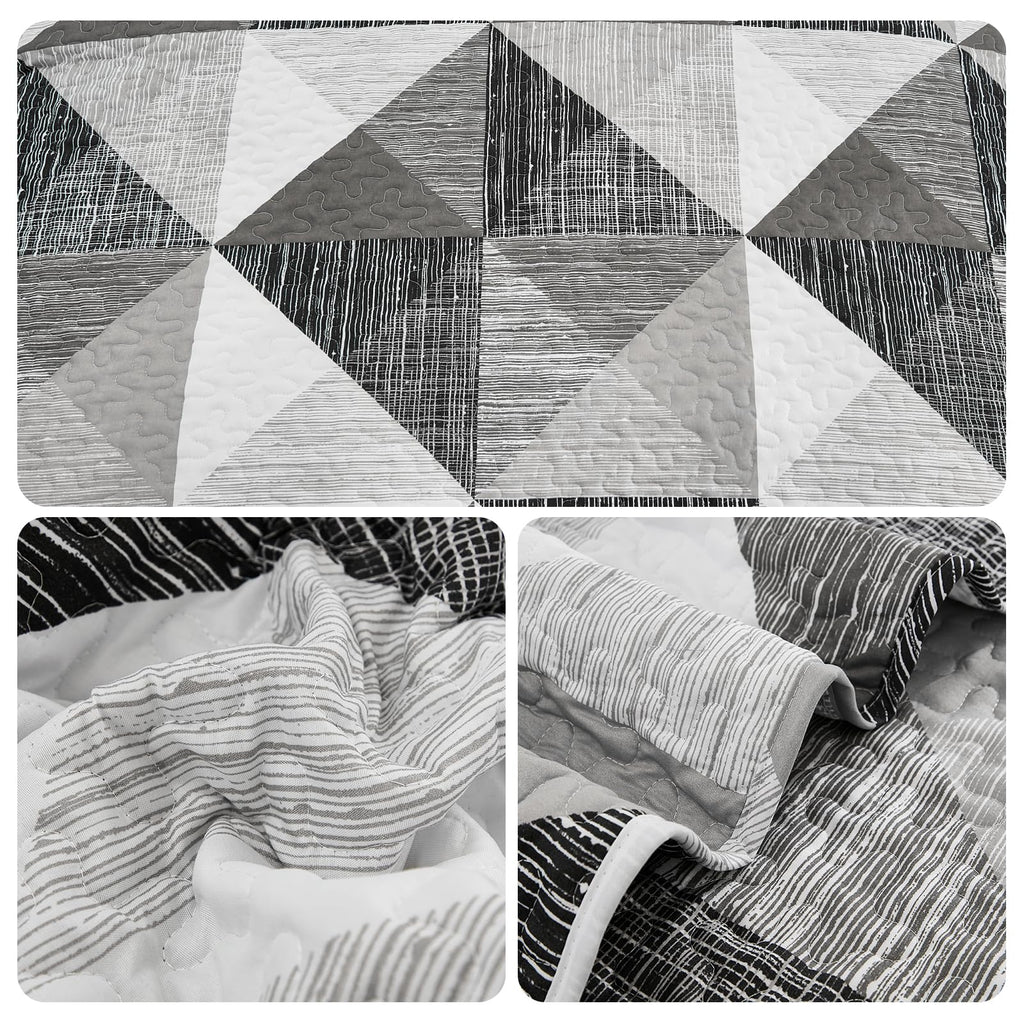 Patchwork Quilt Set Gray Geometric Bedspread 3 Pieces