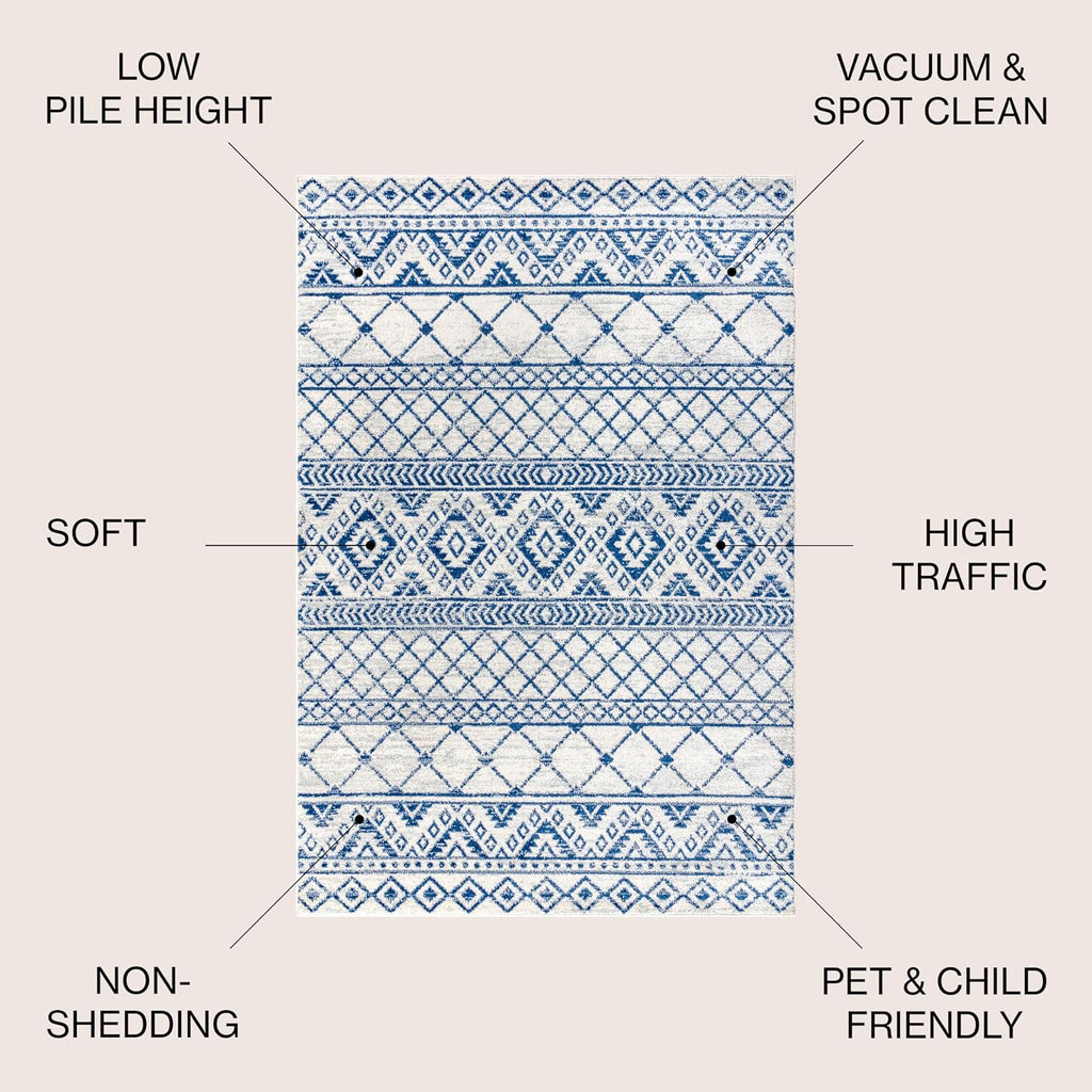 Moroccan Hype Boho Vintage Tribal Cream/Blue Indoor Area Rug, Bohemian, Vintage, Easy-Cleaning, Pet Friendly