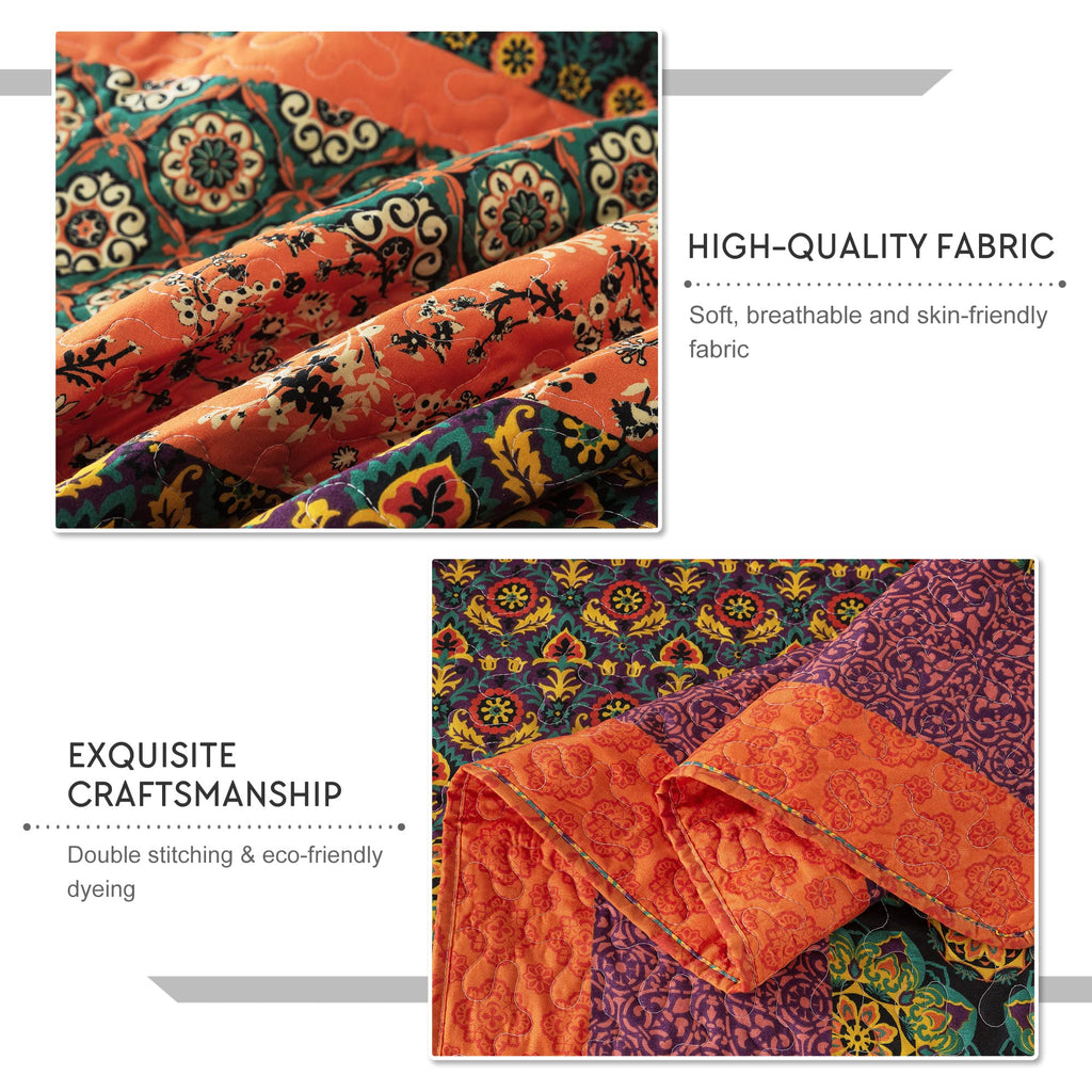 Boho Stripe Quilt Sets Floral Printed Reversible Soft Bohemian Bedding Set with Shams for All Season, Orange Red