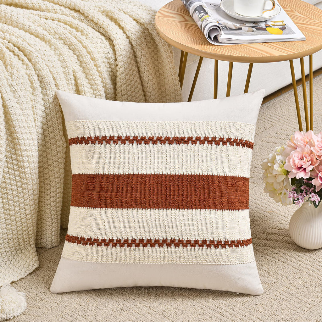 Set of 2 Rust Boho Decorative Throw Pillow Covers 18x18 Inch for Couch Bed Sofa, Aesthetic Modern Organic Fall Room