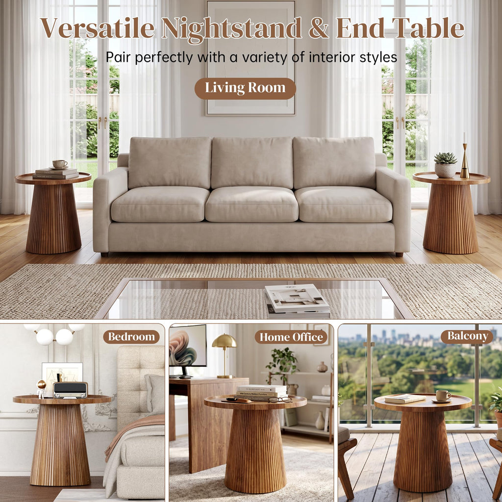 Round Side Table, 23.6'' Fluted Pedestal End Table, Walnut