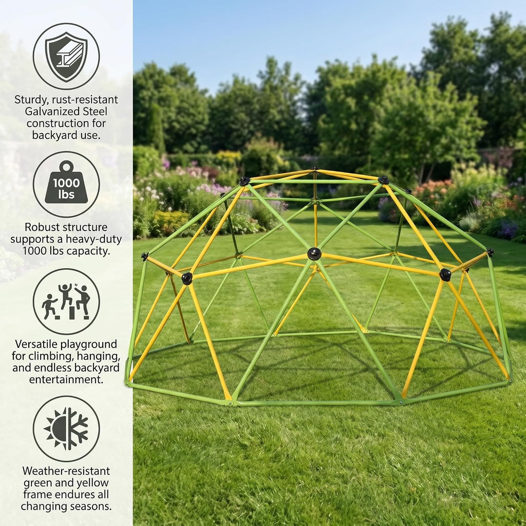 10ft Climbing Dome for Kids, Outdoor Jungle Gym with Swing, Galvanized Steel Climbing Frame, Heavy-Duty Playground