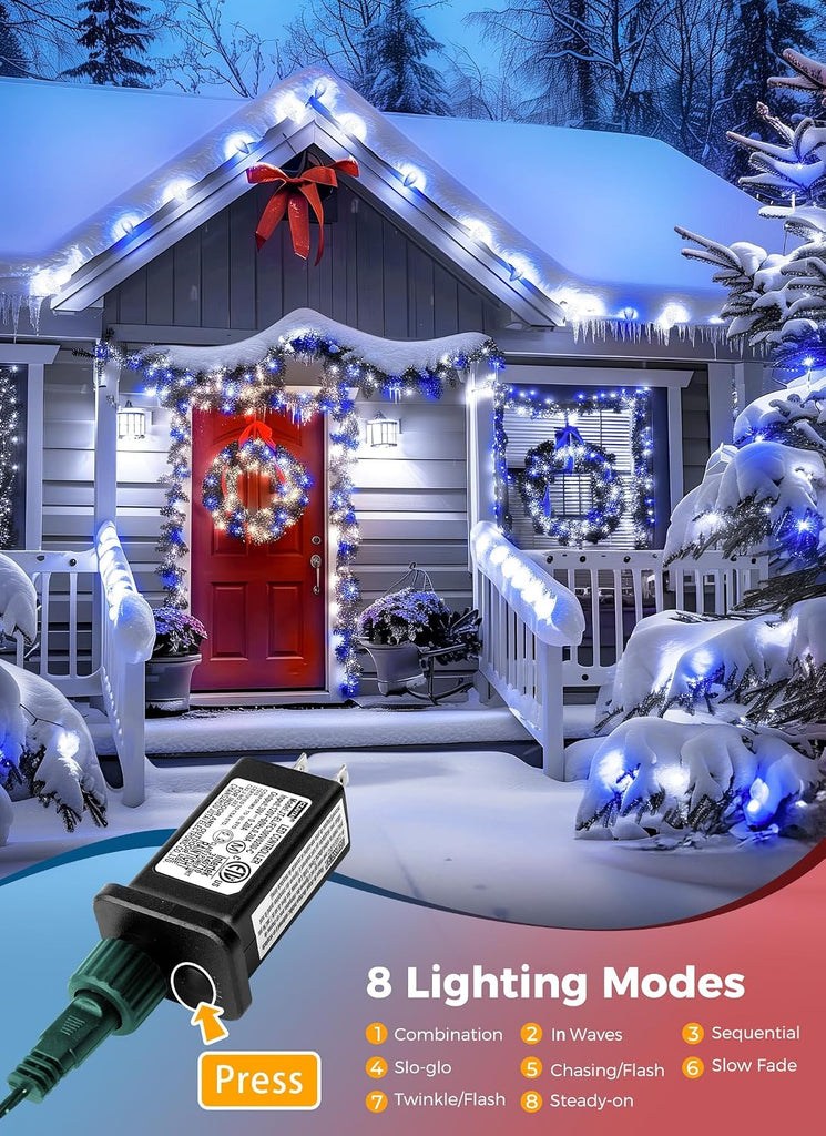 C9 LED Christmas Lights Outdoor, 81 Feet 100 LED String Lights with Timer & 8 Lighting Mode,Blue and White