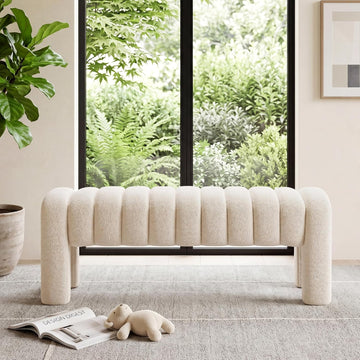 43" End of Bed Bench, Linen Beige | Channel Tufted Upholstered, Entryway Bench, Modern Window Seat, Minimalist