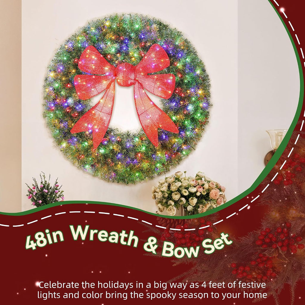48in Flocked Pre-Lit Artificial Christmas Wreath with 3D Red Bow